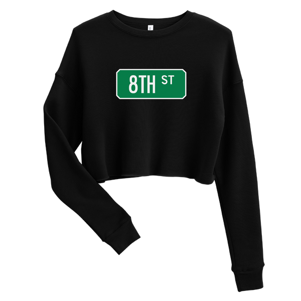 A mockup of the 8th St Street Sign Muncie Ladies Cropped Crewneck