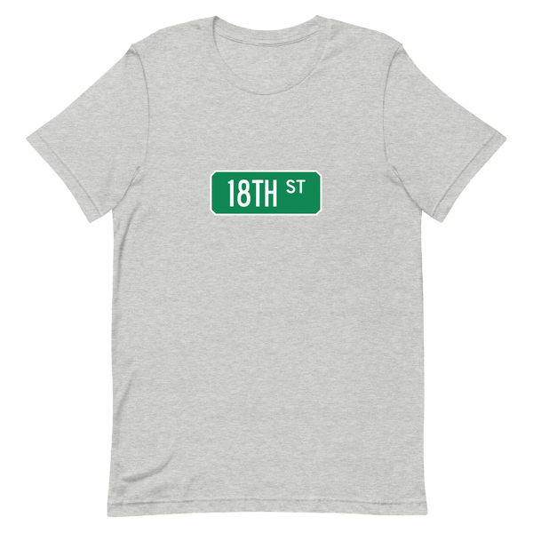 A mockup of the 18th St Street Sign Muncie T-Shirt