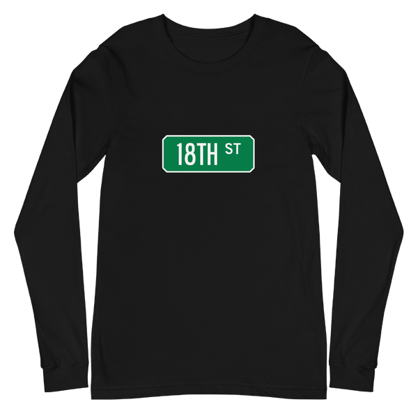 A mockup of the 18th St Street Sign Muncie Long Sleeve Tee