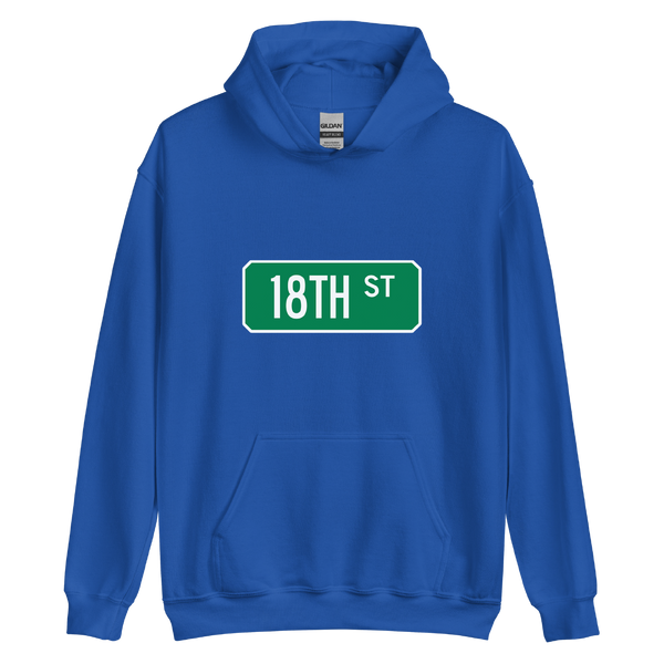 A mockup of the 18th St Street Sign Muncie Hoodie