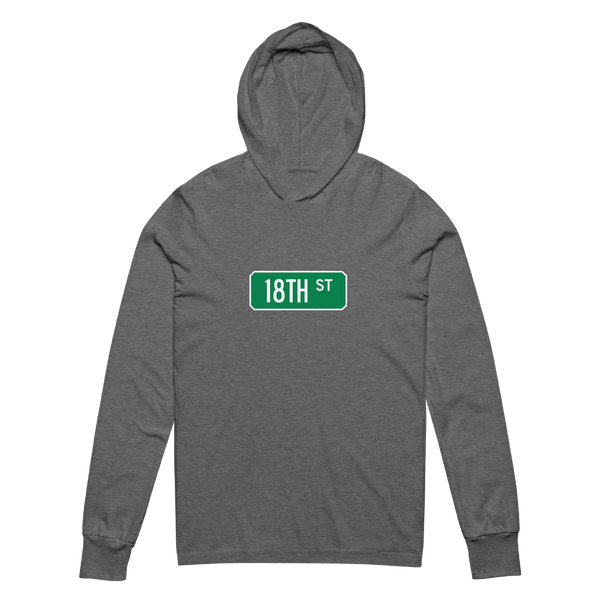 A mockup of the 18th St Street Sign Muncie Hooded Tee