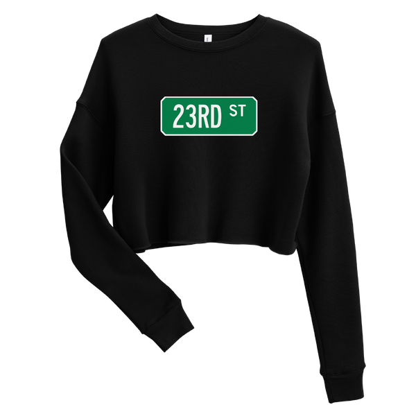 A mockup of the 23rd St Street Sign Muncie Ladies Cropped Crewneck