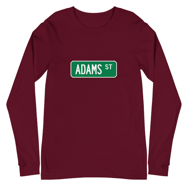 A mockup of the Adams St Street Sign Muncie Long Sleeve Tee