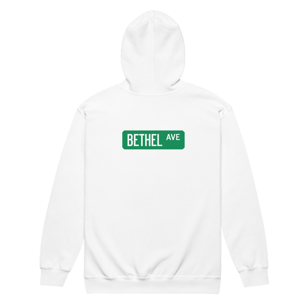 A mockup of the Bethel Ave Street Sign Muncie Zipping Hoodie