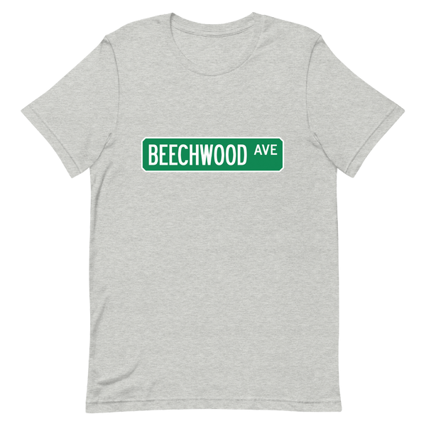 A mockup of the Beechwood Ave Street Sign Muncie T-Shirt