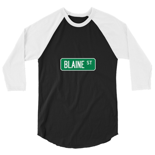 A mockup of the Blaine St Street Sign Muncie Raglan 3/4 Sleeve