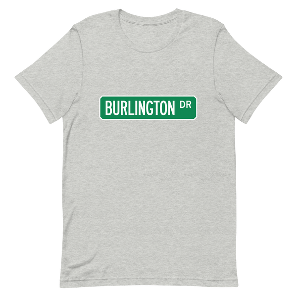 A mockup of the Burlington Dr Street Sign Muncie T-Shirt