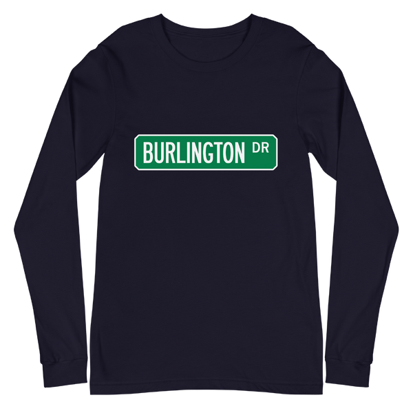 A mockup of the Burlington Dr Street Sign Muncie Long Sleeve Tee