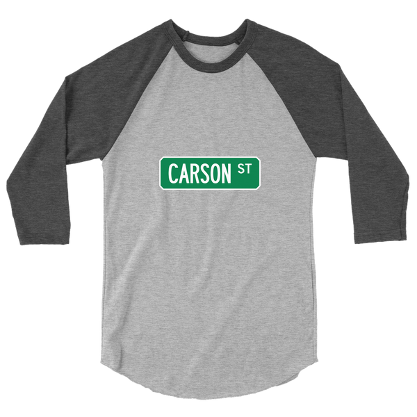 A mockup of the Carson St Street Sign Muncie Raglan 3/4 Sleeve