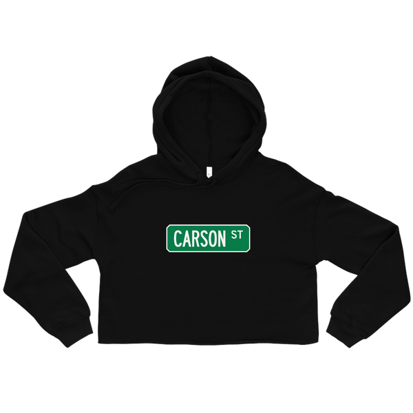 A mockup of the Carson St Street Sign Muncie Ladies Cropped Hoodie