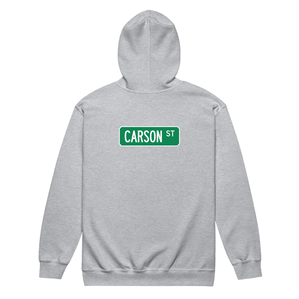 A mockup of the Carson St Street Sign Muncie Zipping Hoodie
