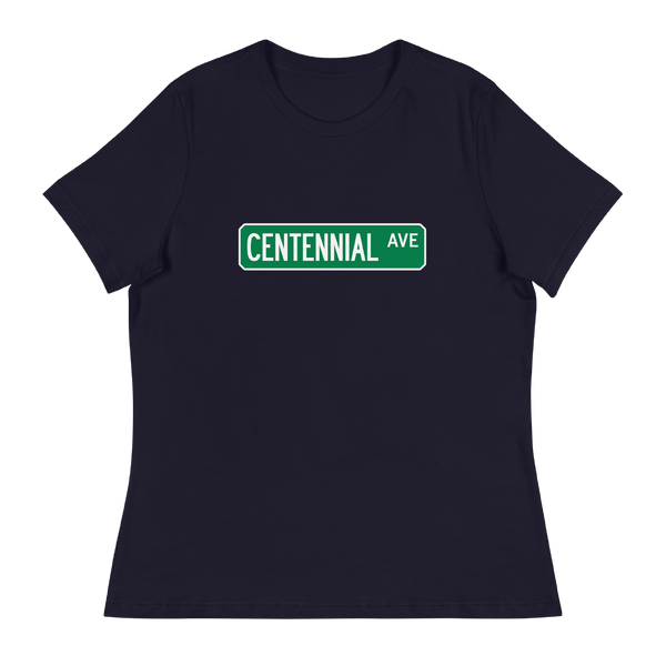 A mockup of the Centennial Ave Street Sign Muncie Ladies Tee