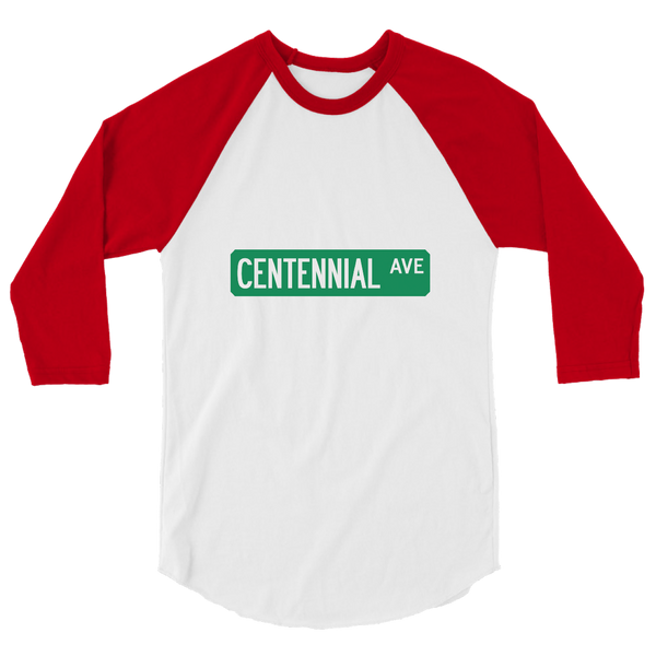 A mockup of the Centennial Ave Street Sign Muncie Raglan 3/4 Sleeve