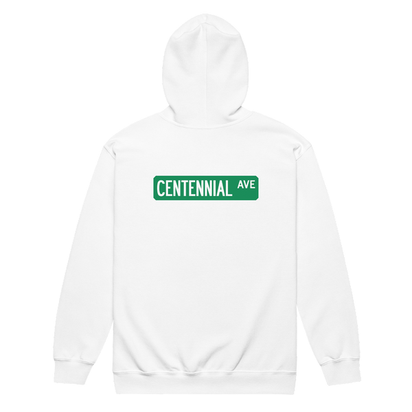 A mockup of the Centennial Ave Street Sign Muncie Zipping Hoodie