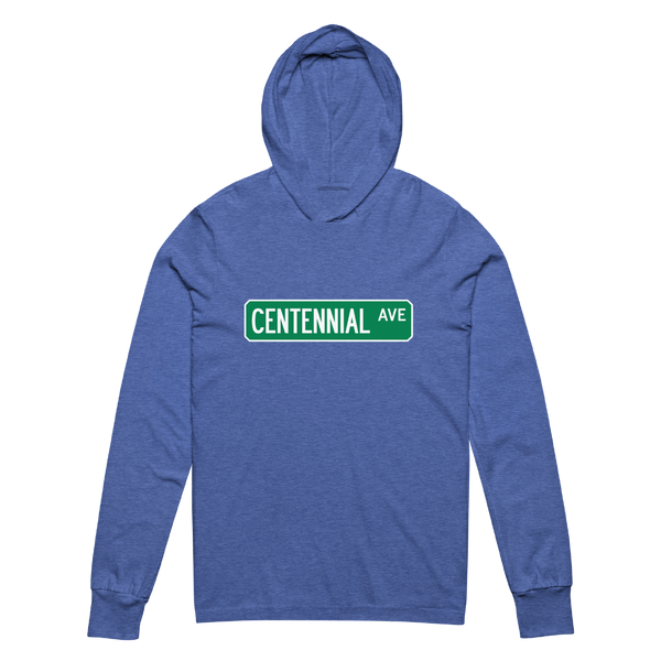 A mockup of the Centennial Ave Street Sign Muncie Hooded Tee