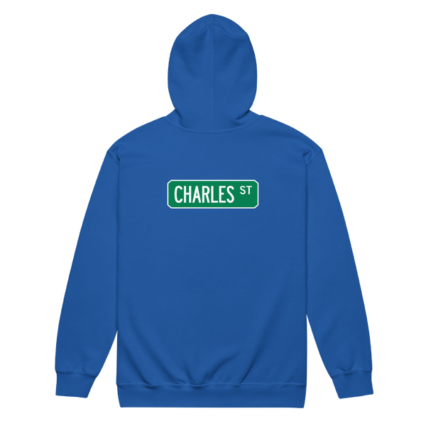 A mockup of the Charles St Street Sign Muncie Zipping Hoodie