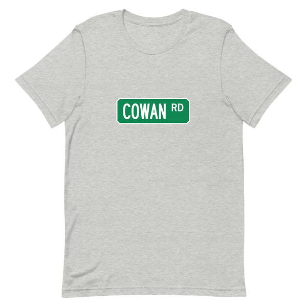 A mockup of the Cowan Rd Street Sign Muncie T-Shirt