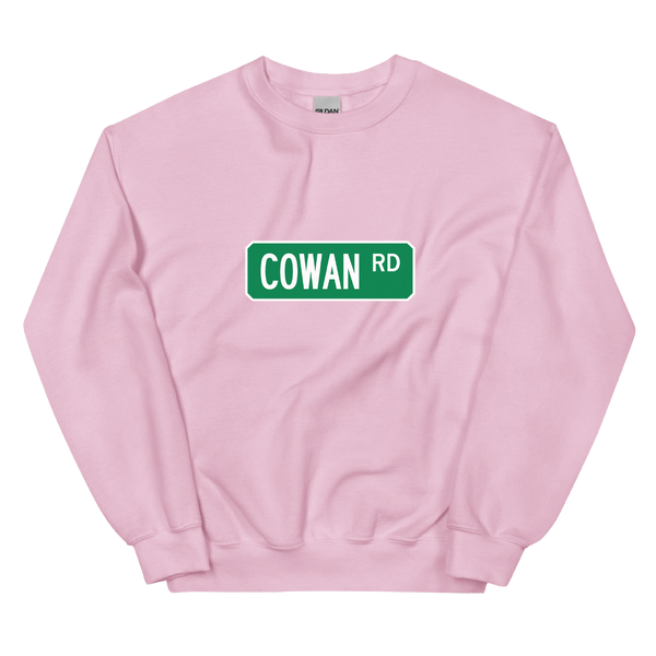 A mockup of the Cowan Rd Street Sign Muncie Crewneck