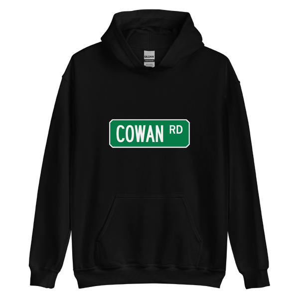 A mockup of the Cowan Rd Street Sign Muncie Hoodie