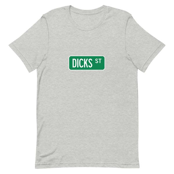 A mockup of the Dicks St Street Sign Muncie T-Shirt