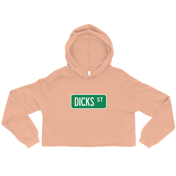 A mockup of the Dicks St Street Sign Muncie Ladies Cropped Hoodie