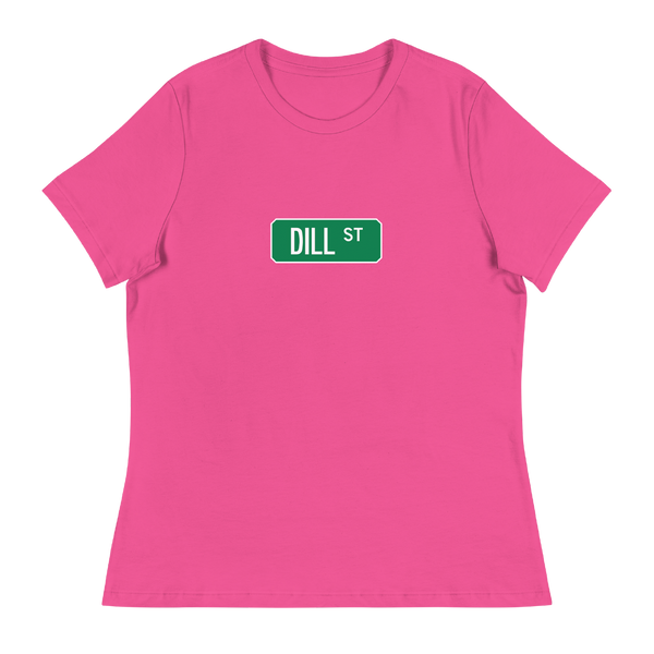 A mockup of the Dill St Street Sign Muncie Ladies Tee