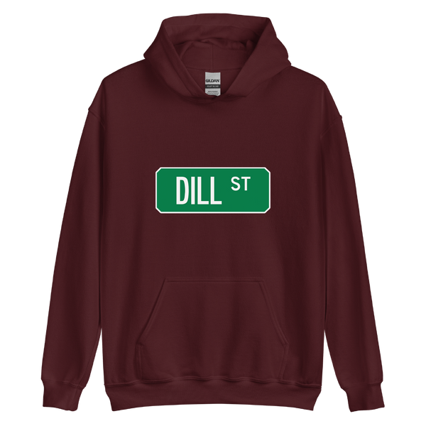 A mockup of the Dill St Street Sign Muncie Hoodie