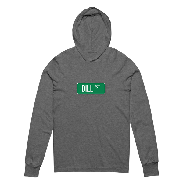 A mockup of the Dill St Street Sign Muncie Hooded Tee