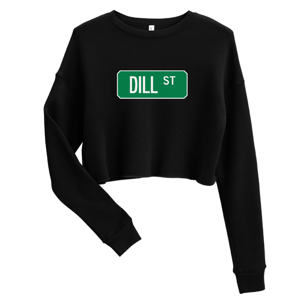 A mockup of the Dill St Street Sign Muncie Ladies Cropped Crewneck