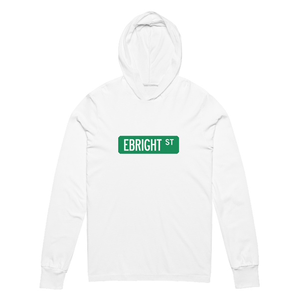 A mockup of the Ebright St Street Sign Muncie Hooded Tee
