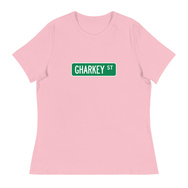 A mockup of the Gharkey St Street Sign Muncie Ladies Tee