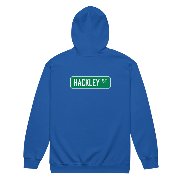 A mockup of the Hackley St Street Sign Muncie Zipping Hoodie