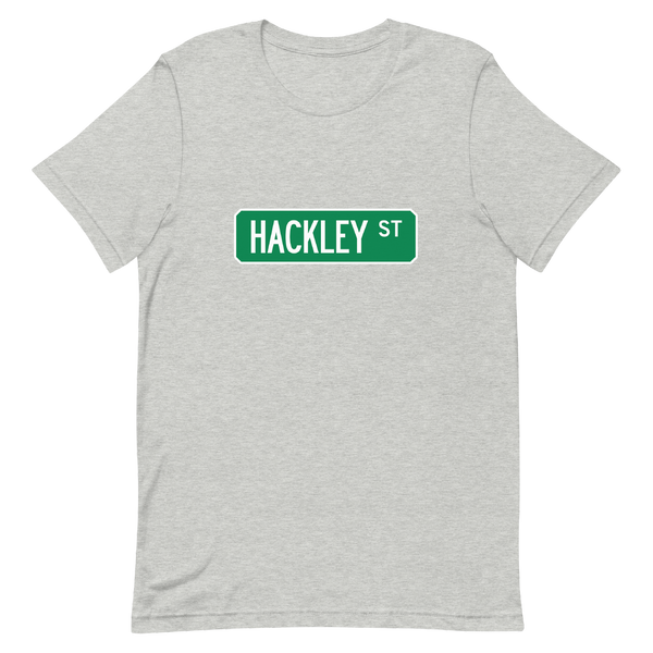 A mockup of the Hackley St Street Sign Muncie T-Shirt