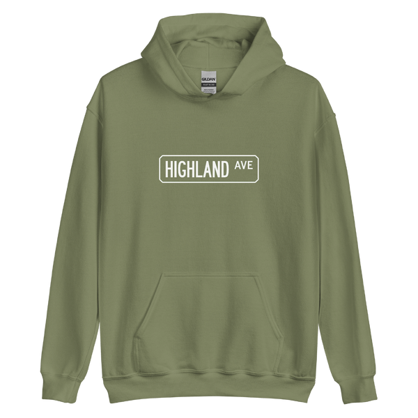 A mockup of the Highland St Street Sign Muncie Hoodie