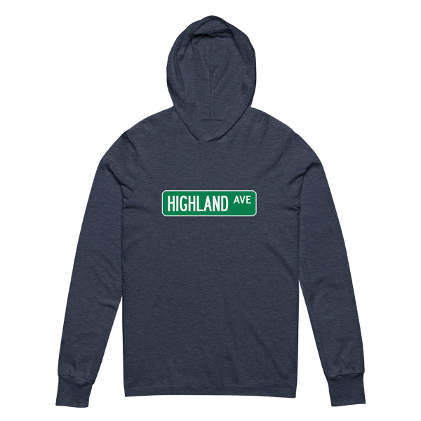 A mockup of the Highland St Street Sign Muncie Hooded Tee