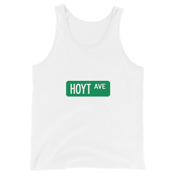 A mockup of the Hoyt Ave Street Sign Muncie Tank Top