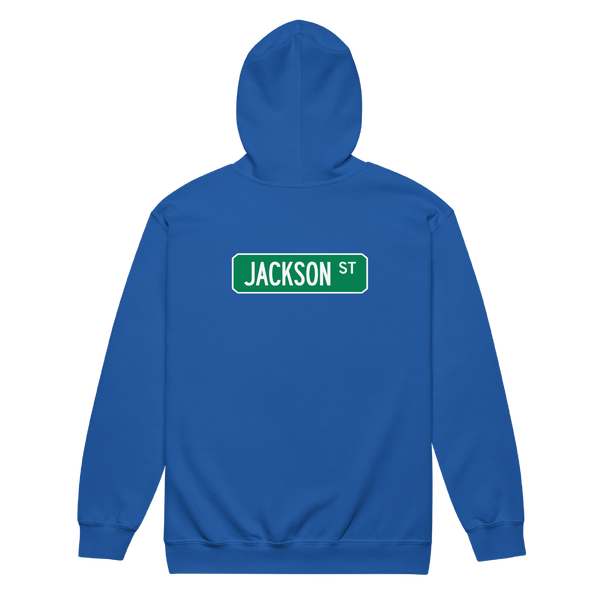 A mockup of the Jackson St Street Sign Muncie Zipping Hoodie