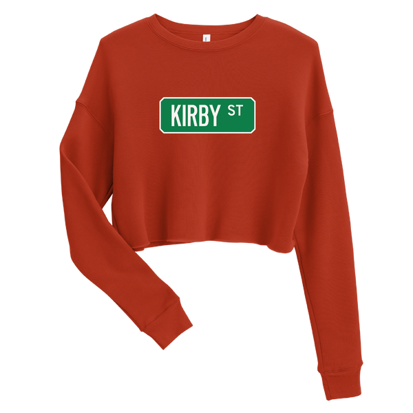 A mockup of the Kirby St Street Sign Muncie Ladies Cropped Crewneck