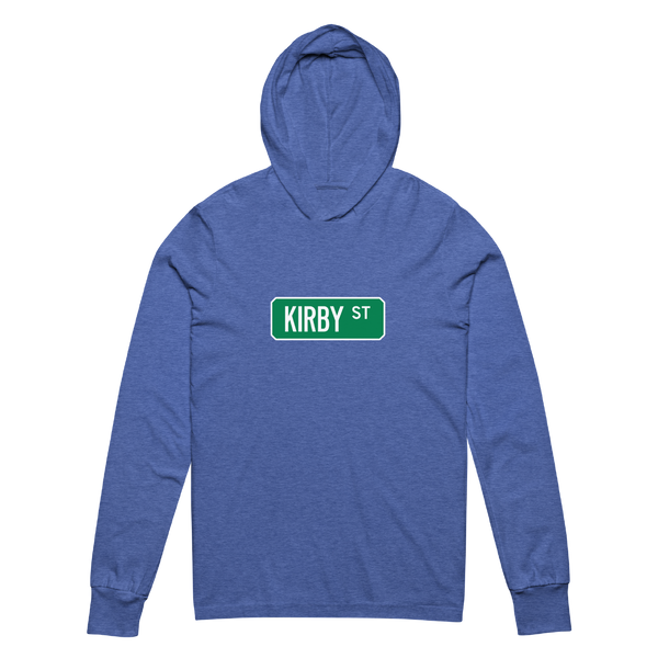 A mockup of the Kirby St Street Sign Muncie Hooded Tee