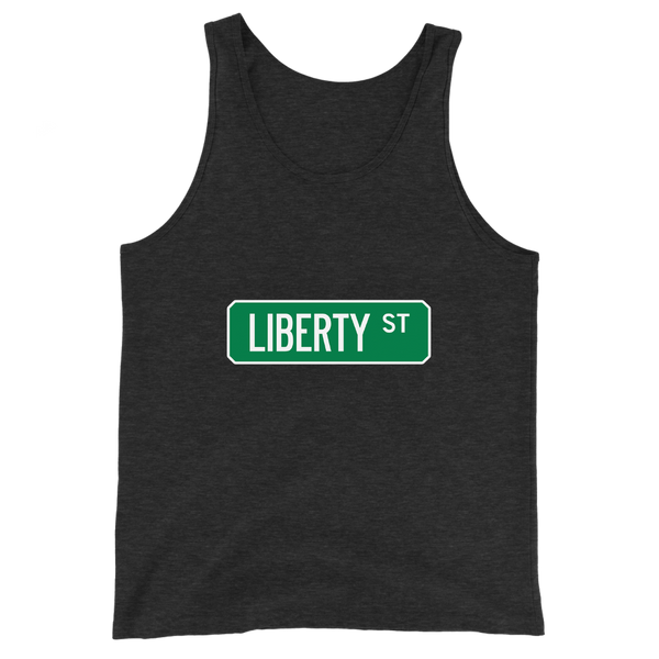 A mockup of the Liberty St Street Sign Mucnie Tank Top