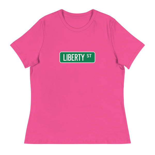 A mockup of the Liberty St Street Sign Mucnie Ladies Tee