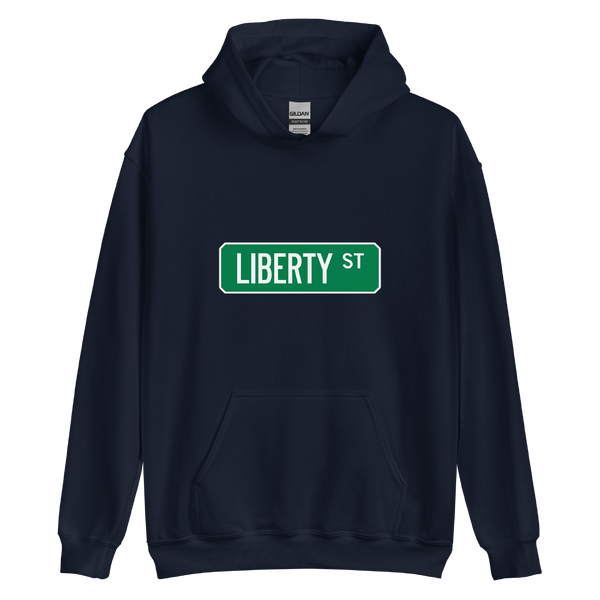A mockup of the Liberty St Street Sign Mucnie Hoodie