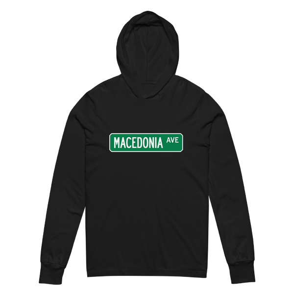 A mockup of the Macedonia Ave Street Sign Muncie Hooded Tee