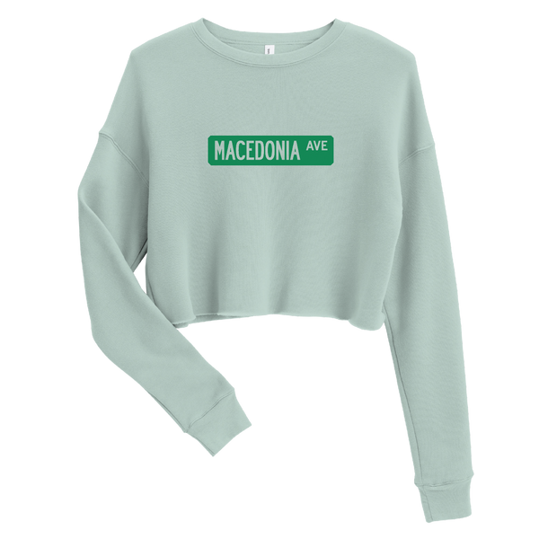 A mockup of the Macedonia Ave Street Sign Muncie Ladies Cropped Crewneck