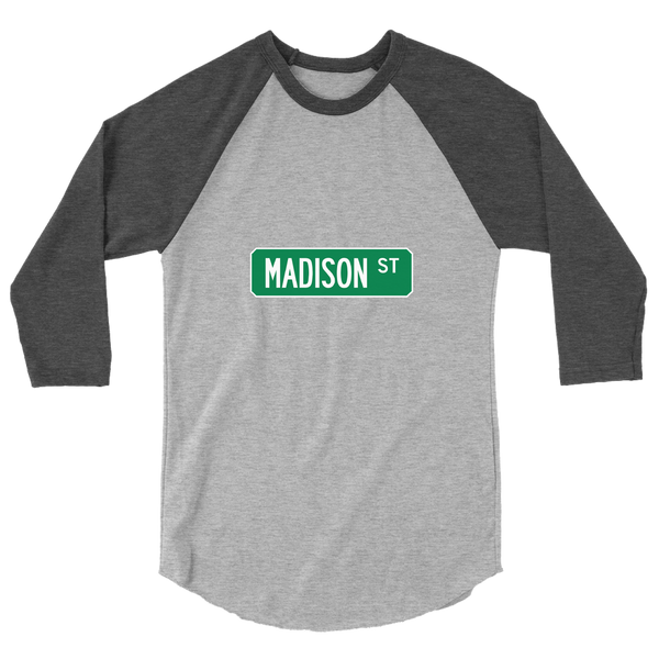 A mockup of the Madison St Street Sign Muncie Raglan 3/4 Sleeve