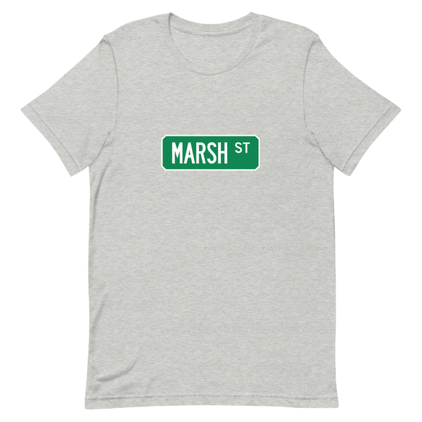 A mockup of the Marsh St Street Sign Muncie T-Shirt