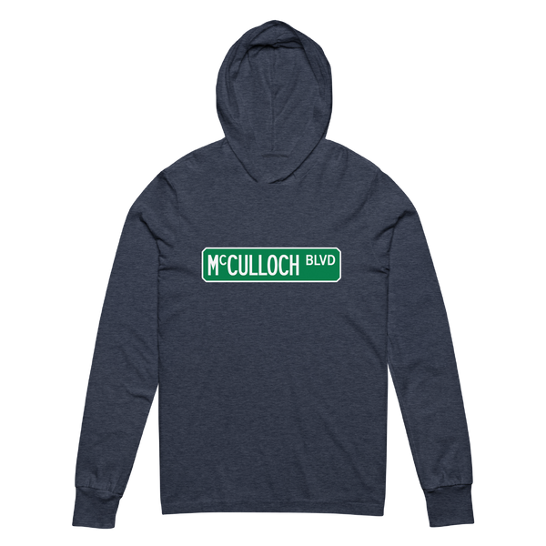A mockup of the McCulloch Blvd Street Sign Muncie Hooded Tee