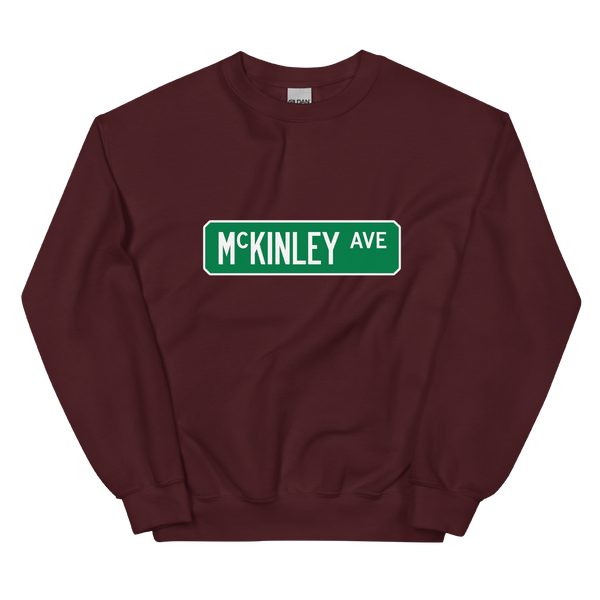 A mockup of the McKinley Ave Street Sign Muncie Crewneck