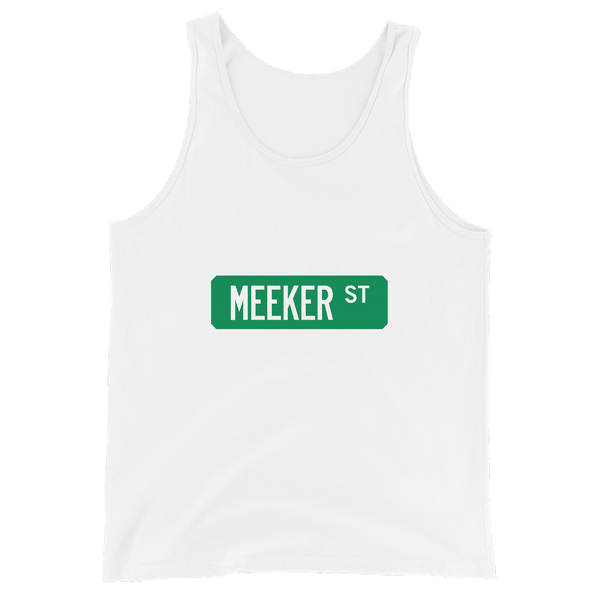 A mockup of the Meeker St Street Sign Muncie Tank Top
