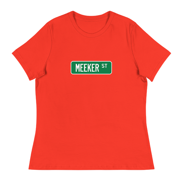 A mockup of the Meeker St Street Sign Muncie Ladies Tee